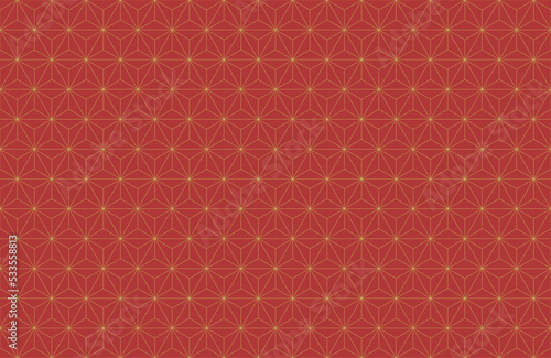 Asanoha Hemp Leaves Pattern, traditional Japanese motif, archetypal design in the Heian Period. Geometric line art background. Simple luxury vintage seamless pattern backdrop, vector in red and gold.