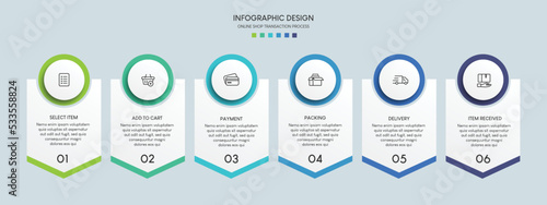 Process of online shopping with 6 steps. Steps business timeline process infographic template
