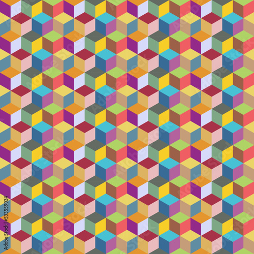 Abstract vector background with colorful symmetrical parallelogram shapes. Simple flat illustration of multicolored stacking cube. Geometry seamless pattern artwork, squares, rhombuses, hexagons.