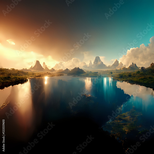 Background of river and mountains with clouds