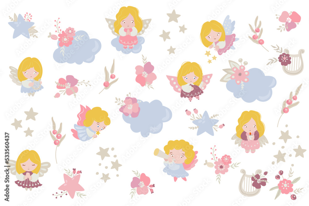 Set of cute angels, flowers, stars, clouds, and harps. White background, isolate. Vector illustration