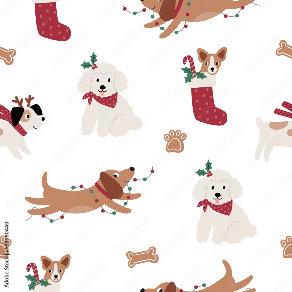 Naklejka premium Cute cartoon dogs of different breeds and Christmas decorations, candy, gifts, garlands, cookies, bone. Festive vector illustration - dog on winter holidays in flat style. Seamless pattern