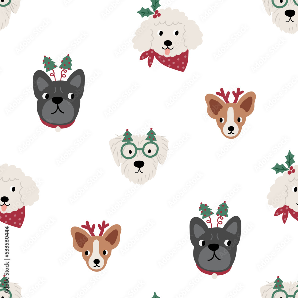 Cute cartoon dogs of different breeds and Christmas decorations, candy, gifts, garlands, cookies, bone. Festive vector illustration - dog on winter holidays in flat style. Seamless pattern