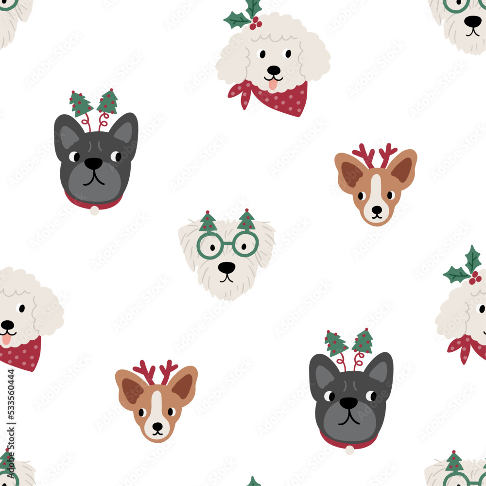 Fototapeta premium Cute cartoon dogs of different breeds and Christmas decorations, candy, gifts, garlands, cookies, bone. Festive vector illustration - dog on winter holidays in flat style. Seamless pattern