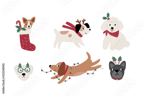 Cute cartoon dogs of different breeds and Christmas decorations, candy, gifts, garlands, cookies, bone. Festive vector illustration - dog on winter holidays in flat style.