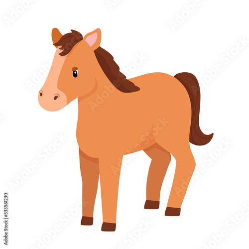 Cute horse character isolated on white background. Childish vector flat illustration with farm animal for kids