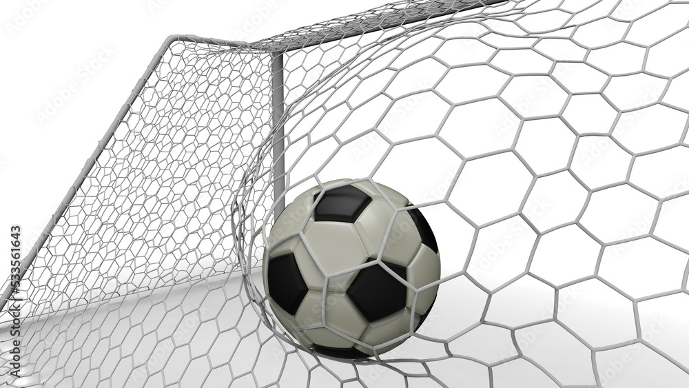 White-Black Soccer Ball in the Goal Net under white background. 3D ...