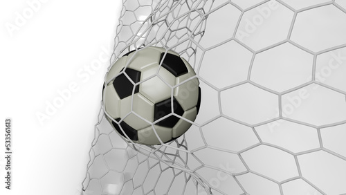 White-Black Soccer Ball in the Goal Net under white background. 3D illustration. 3D CG. 3D Rendering. High resolution. PNG file format.