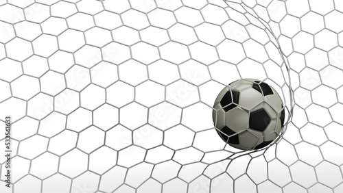 Fototapeta Naklejka Na Ścianę i Meble -  White-Black Soccer Ball in the Goal Net under white background. 3D illustration. 3D CG. 3D Rendering. High resolution. PNG file format.