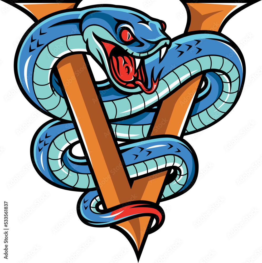 Aggressive Blue Viper Snake Wrap Around Letter V with Its Forked Tongue ...