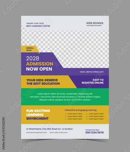 Creative and modern Kids back to school education admission flyer poster layout template 