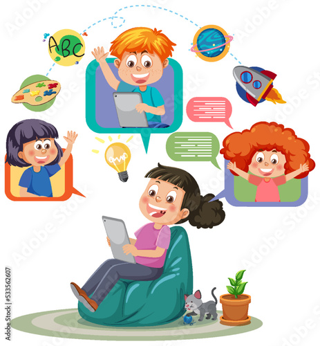 A girl chatting with her friends on tablet