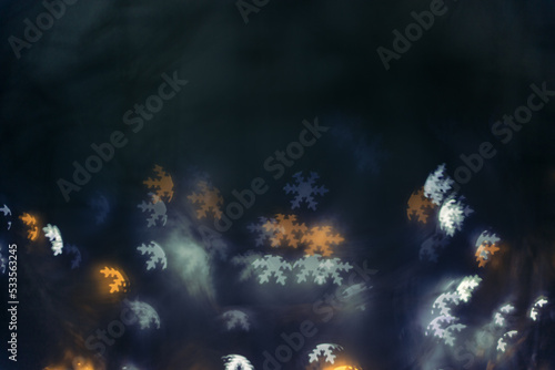 Snowflakes bokeh lights background, abstract winter holiday wallpaper with optical blurred glittering pattern. Christmas or New Year abstract composition as backdrop for content, retro colors