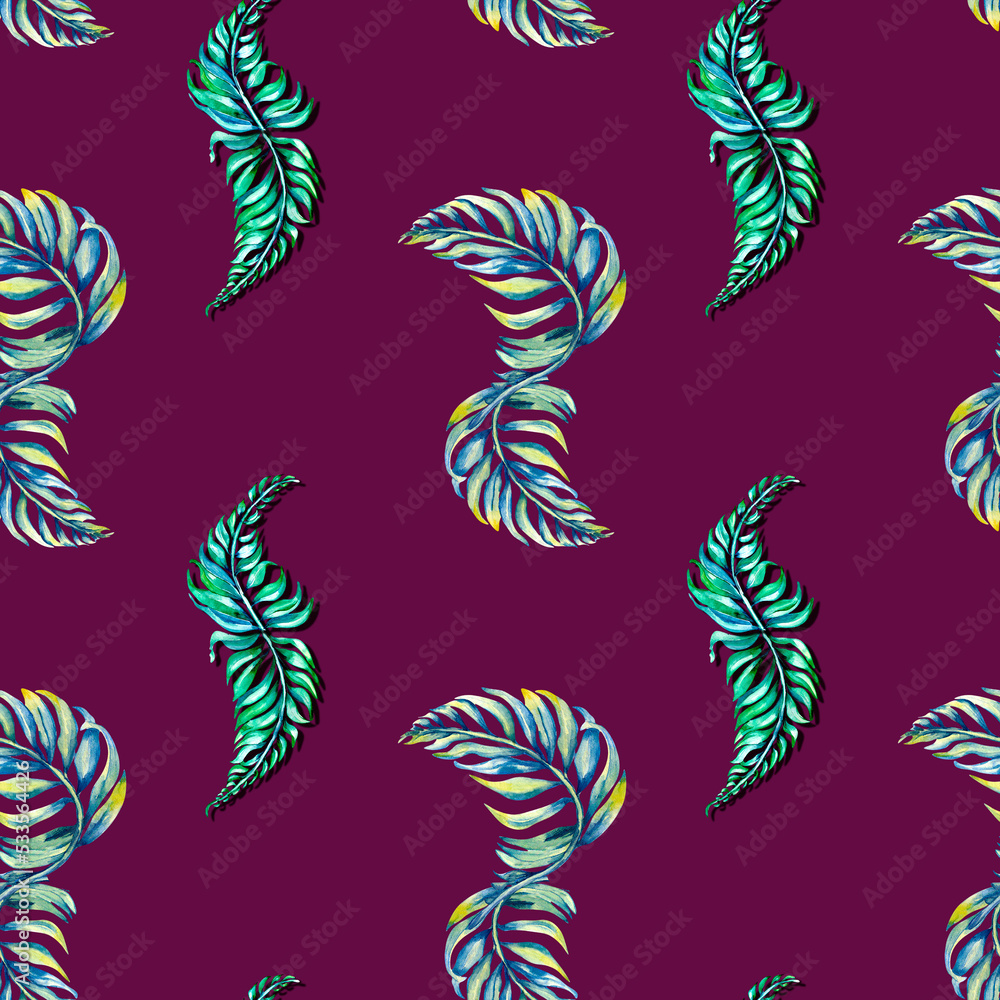 Fototapeta premium Exotic floral ornate seamless pattern watercolor illustration on pink