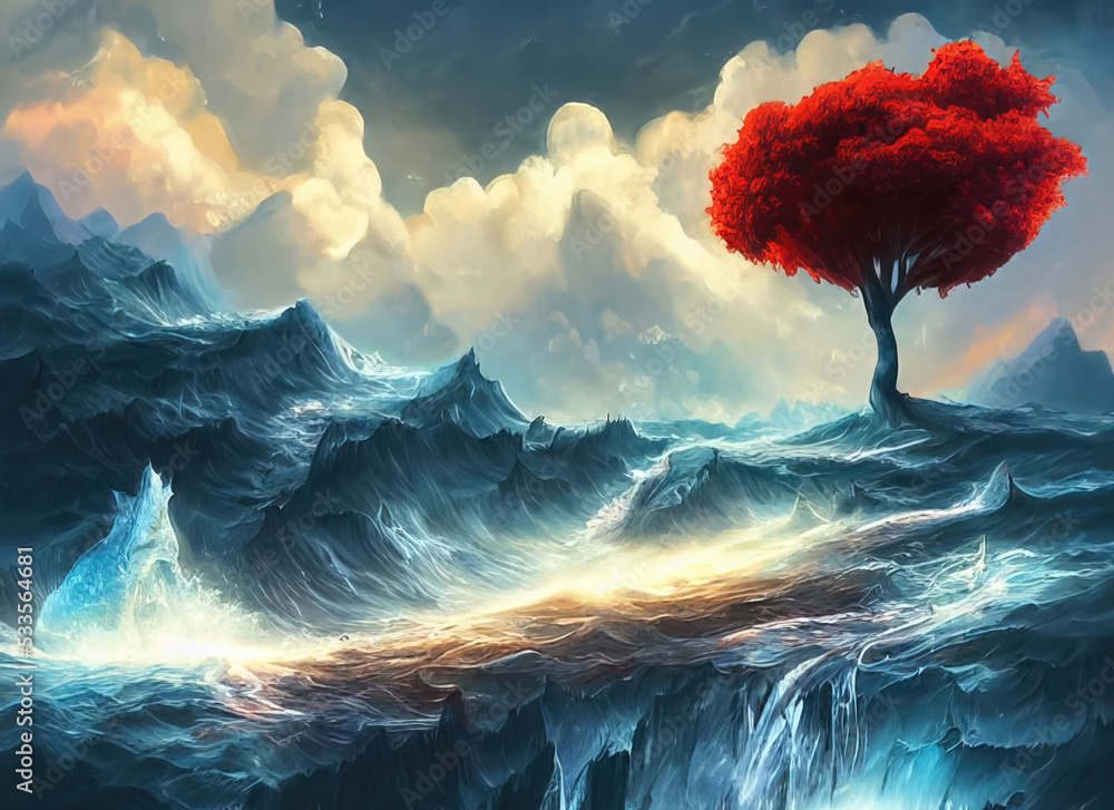 big waves and a red tree fantasy artwork
