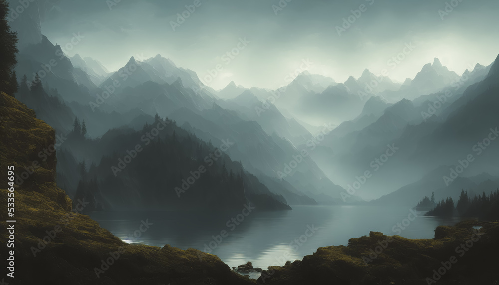 Fog over the mountains, fantasy art