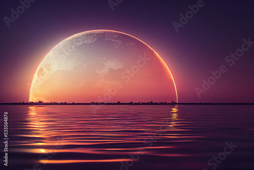 3d illustration of glowing moon and water sea at night Muslim holy month Ramadan