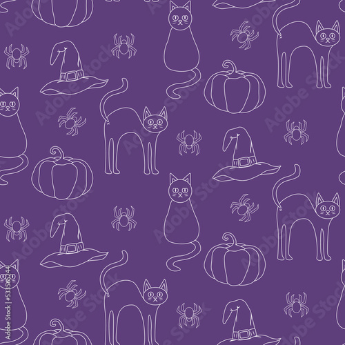 Seamless pattern with cat, pumpkin and witch hat