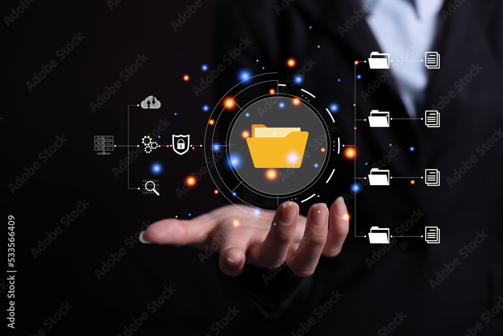 women hand holding system of files and document on viritual screen, document management system women hand holding system of files and document on viritual screen, document management system
