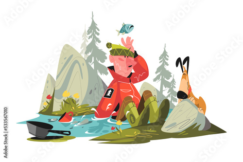 Man traveller falling into water and getting wet