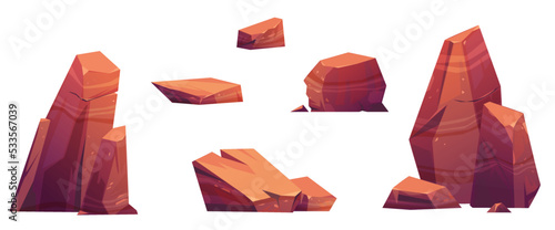 Desert stones, mountain rock lumps and pieces. Natural geological materials, textures for pc game formation ui or gui elements isolated on white background, Cartoon vector illustration, icons set photo