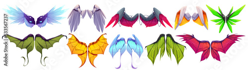 Mechanical wings of robot bird, butterfly, dragon and bat. Vector cartoon set of steampunk wings pairs of futuristic characters and robotic animals isolated on white background