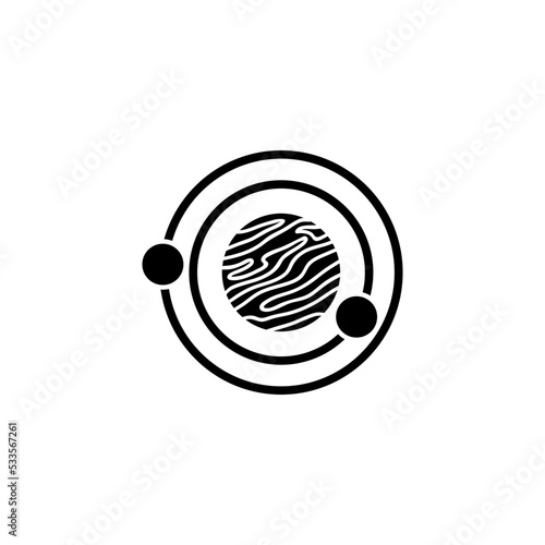 Mars Planet with Moons Phobos and Deimos. Flat Vector Icon illustration. Simple black symbol on white background. Mars Planet with Phobos and Deimos sign design template for web and mobile UI element.