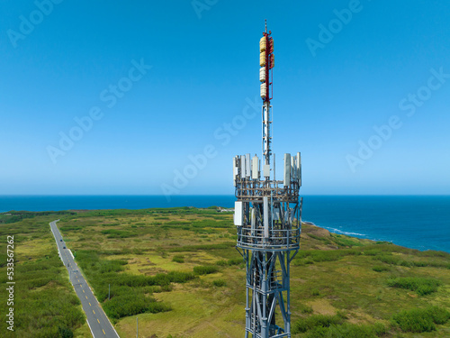 Antenna tower witn 5G technology in rural countryside