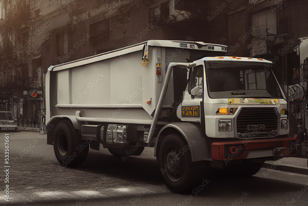3d illustration of garbage trucks in the city, garbage removal concept