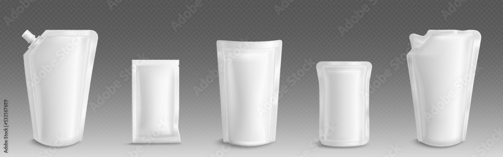 Doy pack, pouch package, foil or plastic sachet bags with valve and seal isolated on transparent background. Different size blank product packaging mock up for brand ad, Realistic 3d vector set Doy pack, pouch package, foil or plastic sachet bags with valve and seal isolated on transparent background. Different size blank product packaging mock up for brand ad, Realistic 3d vector set