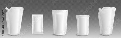 Doy pack, pouch package, foil or plastic sachet bags with valve and seal isolated on transparent background. Different size blank product packaging mock up for brand ad, Realistic 3d vector set