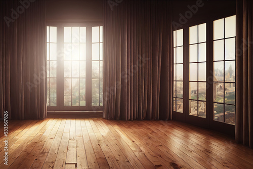 3d illustration of empty room and wood laminate floor with sun light from window