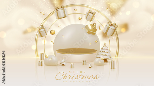 Product display podium with realistic 3d merry christmas ornament. Luxury modern concept of banner background. Vector illustration.