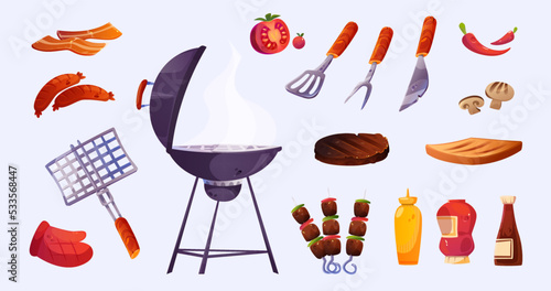 Bbq set, barbecue food and cooking stuff. Grill machine, grid, steak, glove, sausages and bacon. Kebab, tomato, ketchup, mustard and sauce bottles isolated design elements, Cartoon vector illustration