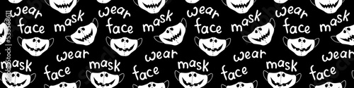 Seamless vector pattern of medical protect face masks. Halloween background and texture with lettering in flat style. Virus protection, quarantine. Covid-19 pandemic