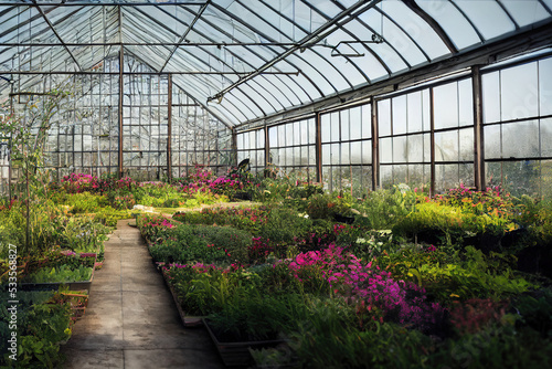 3d illustration greenhouse with glass walls and roof flowering beds