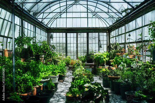 3d illustration greenhouse with glass walls and roof flowering beds