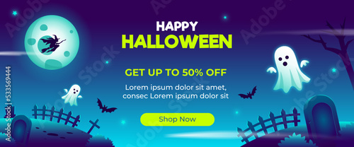 Happy Halloween Sale Web Banner Blue Gradient