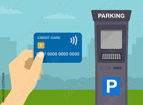Hand holding a credit or debit card. Cashless payment. City parking payment system. Flat vector illustration template.
