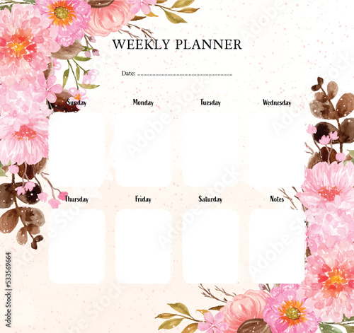 Elegant Pink Watercolor Floral Weekly Planner