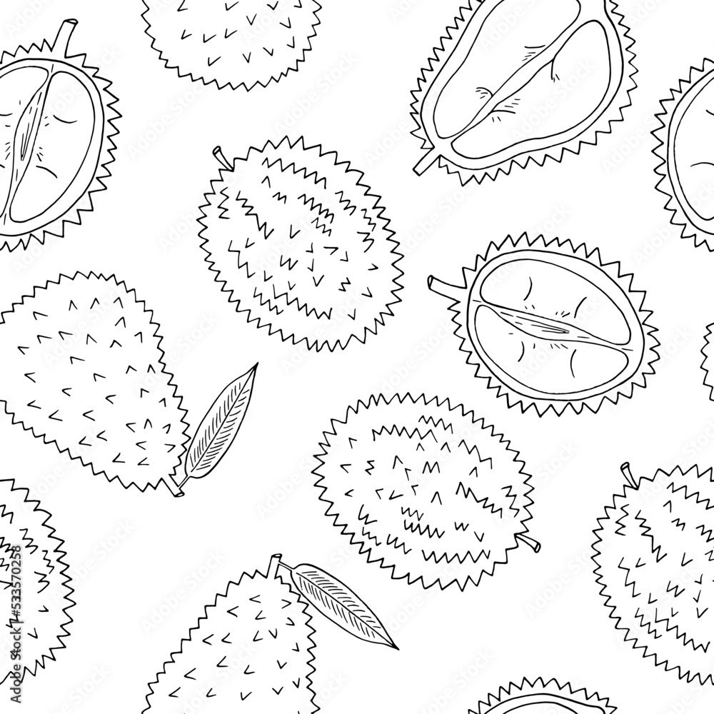 durian fruit seamless pattern hand drawn in doodle style. wrapping paper, background, wallpaper, textile.