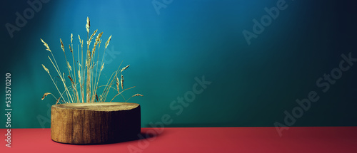 Fotografiet Wheat crops with a round wooden podium - 3D render