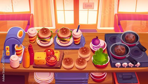 Fast food cafe interior, wooden desk top view with ingredients and cooking supplies. Coffee machine, burgers on tray, oven with pans and cutlets, plates, cutting board, Cartoon vector illustration