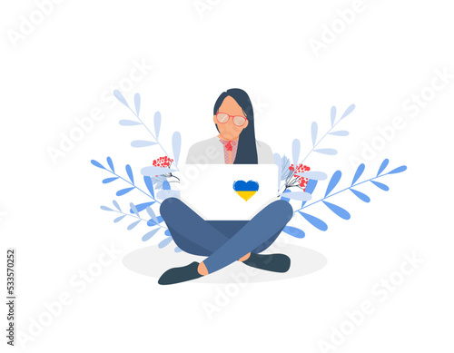 Ukrainian girl in embroidery shirt working on the laptop. Concept of remote work or freelance. Love Ukraine. Vector illustration