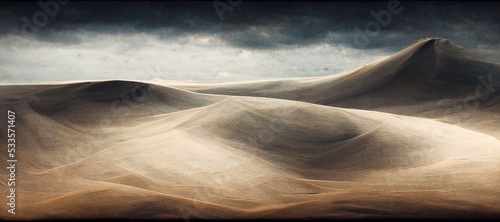 Fotografie Endless desolate desert dunes, far horizon with spectacular clouds