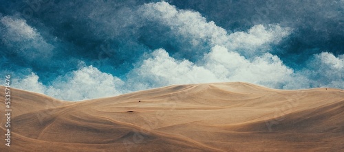 Endless desolate desert dunes, far horizon with spectacular clouds. Waves of surreal sand fabric folds landscape. Minimalist lost and overwhelming lonely feeling - moody subdued brown color tones.
