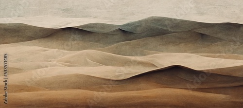 Endless desolate desert dunes, far horizon with spectacular clouds. Waves of surreal sand fabric folds landscape. Minimalist lost and overwhelming lonely feeling - moody subdued brown color tones. photo