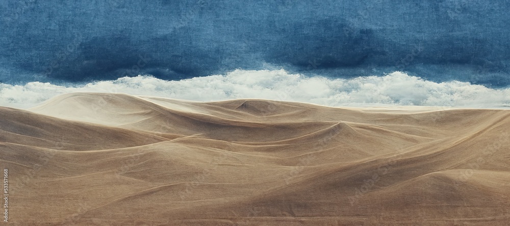 Fototapeta premium Endless desolate desert dunes, far horizon with spectacular clouds. Waves of surreal sand fabric folds landscape. Minimalist lost and overwhelming lonely feeling - moody subdued brown color tones.