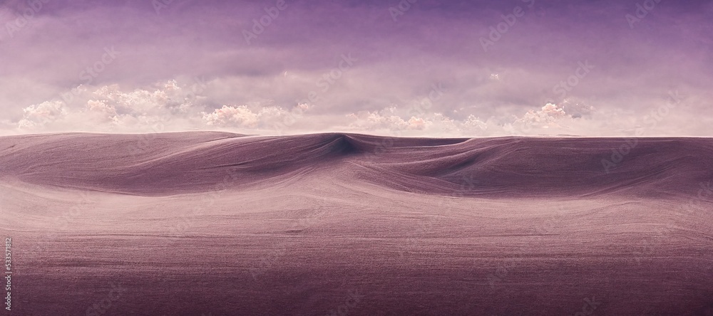 Endless desolate desert dunes, far horizon with spectacular clouds. Waves of surreal sand fabric folds landscape. Minimalist lost and overwhelming lonely feeling - moody subdued purple color tones. Endless desolate desert dunes, far horizon with spectacular clouds. Waves of surreal sand fabric folds landscape. Minimalist lost and overwhelming lonely feeling - moody subdued purple color tones.