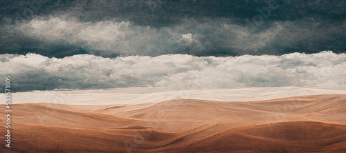 Endless desolate desert dunes, far horizon with spectacular clouds. Waves of surreal sand fabric folds landscape. Minimalist lost and overwhelming lonely feeling - moody subdued brown color tones. © SoulMyst